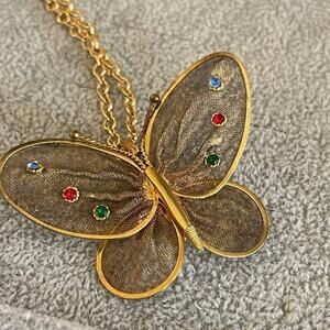 Gold mesh butterfly necklace and brooch with rhinestones